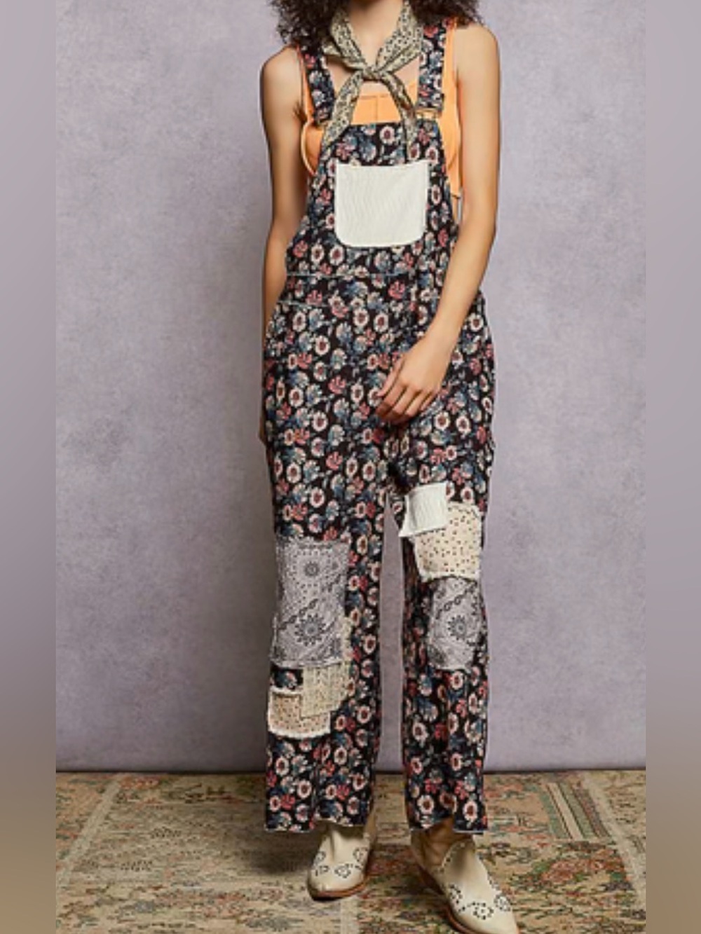POL Floral Patchwork Corduroy Overalls with patchwork Accents